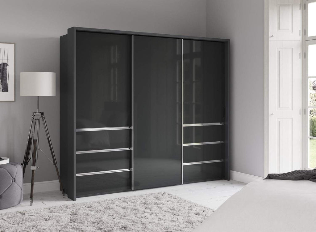 Oakwood Wiemann Pacific 260cm 3 Door Glass Sliding Wardrobe with Drawers at Left and Right