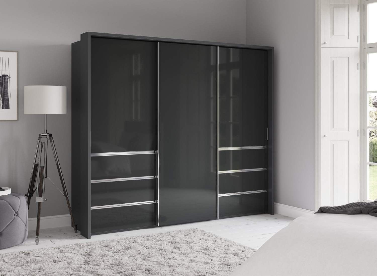 Oakwood Wiemann Pacific 260cm 3 Door Glass Sliding Wardrobe with Drawers at Left and Right