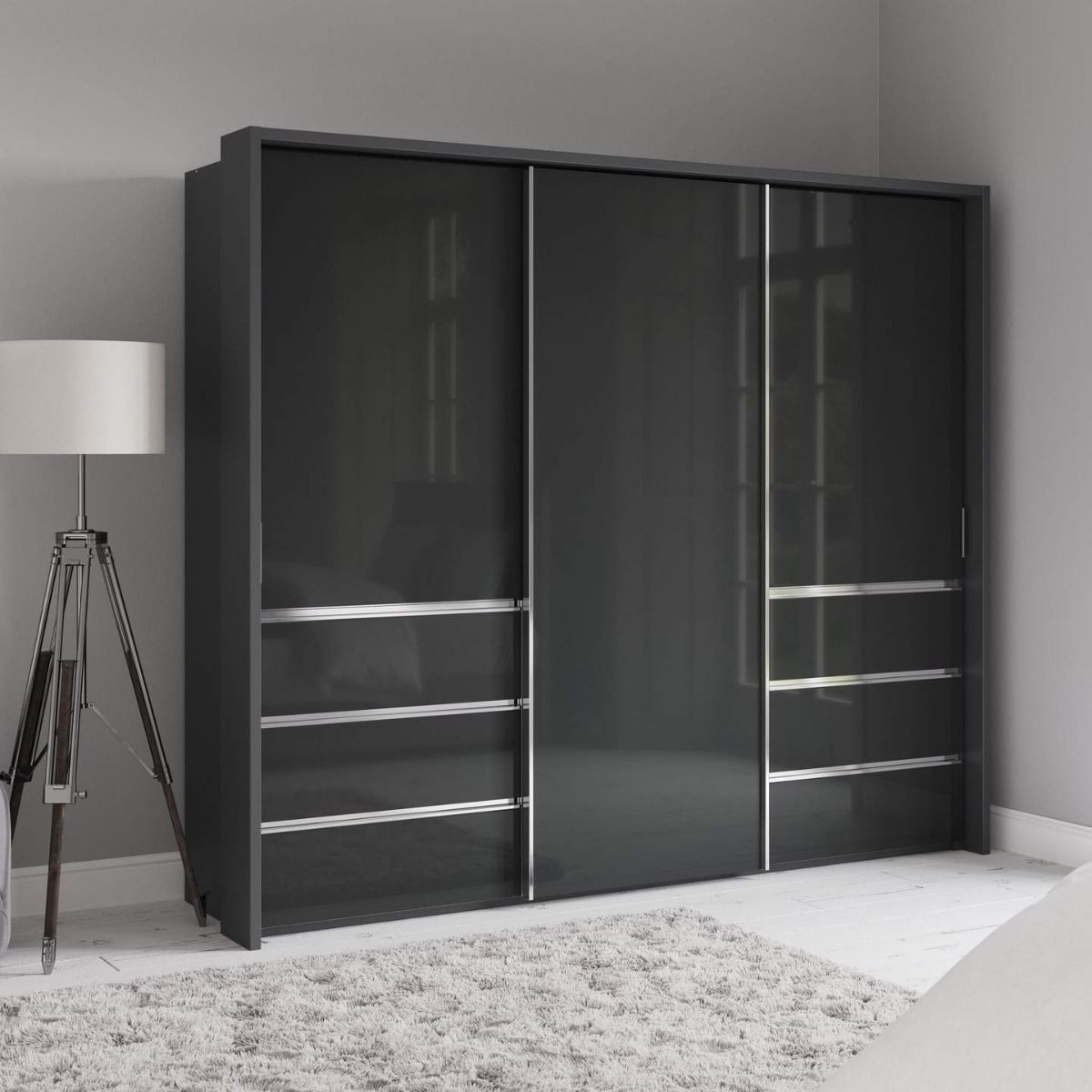 Oakwood Wiemann Pacific 260cm 3 Door Glass Sliding Wardrobe with Drawers at Left and Right
