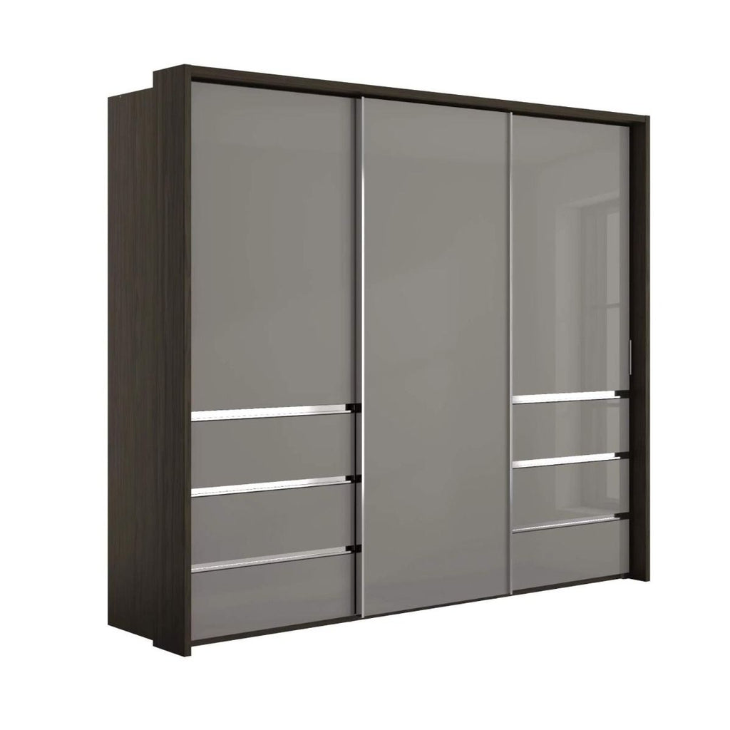 Oakwood Wiemann Pacific 260cm 3 Door Pebble Grey Glass Sliding Wardrobe with Drawers at Left and Right