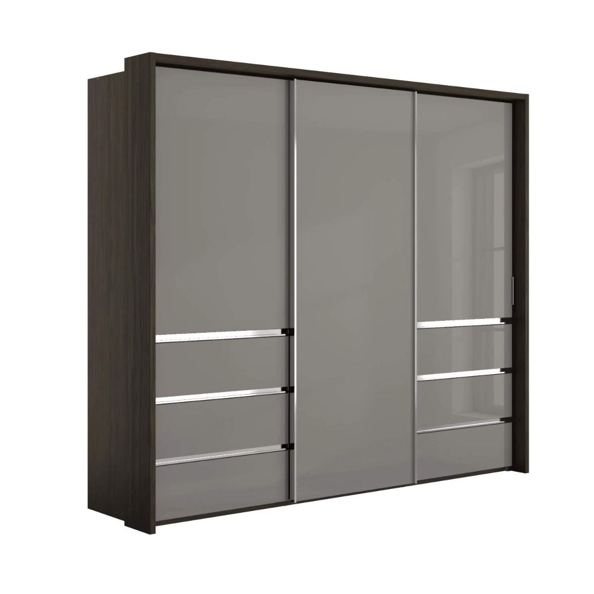 Oakwood Wiemann Pacific 260cm 3 Door Pebble Grey Glass Sliding Wardrobe with Drawers at Left and Right