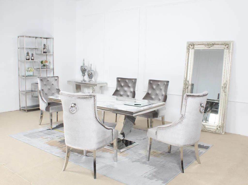 Oakwood Chelsea 1.8M White Marble Top Dining Table with Light Grey Shimmer Chairs