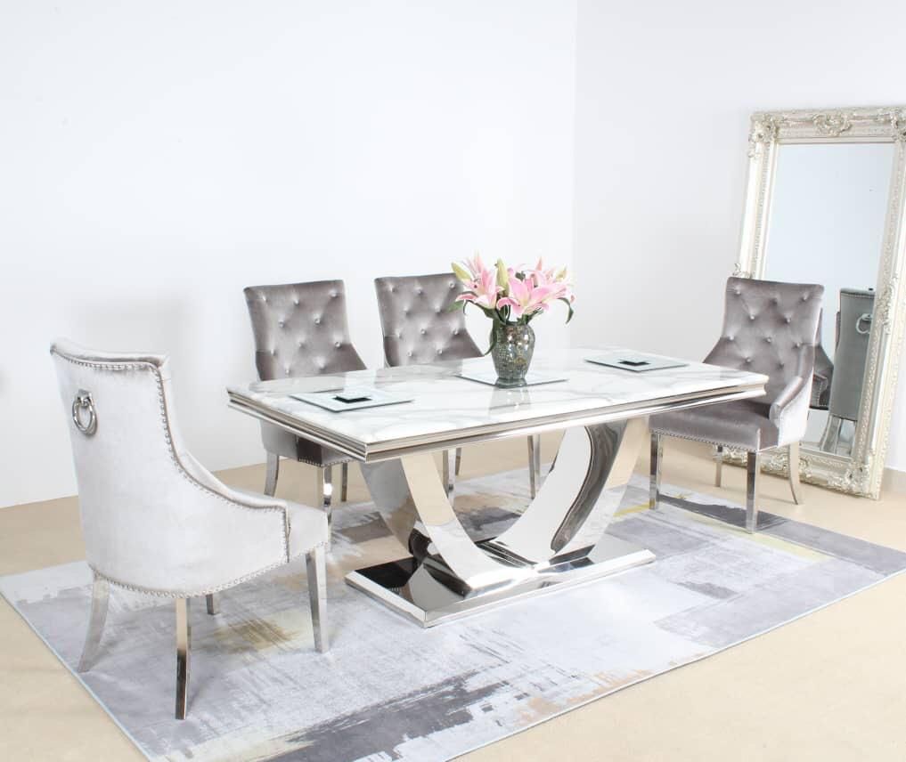 Oakwood Chelsea 1.8M White Marble Top Dining Table with Light Grey Shimmer Chairs