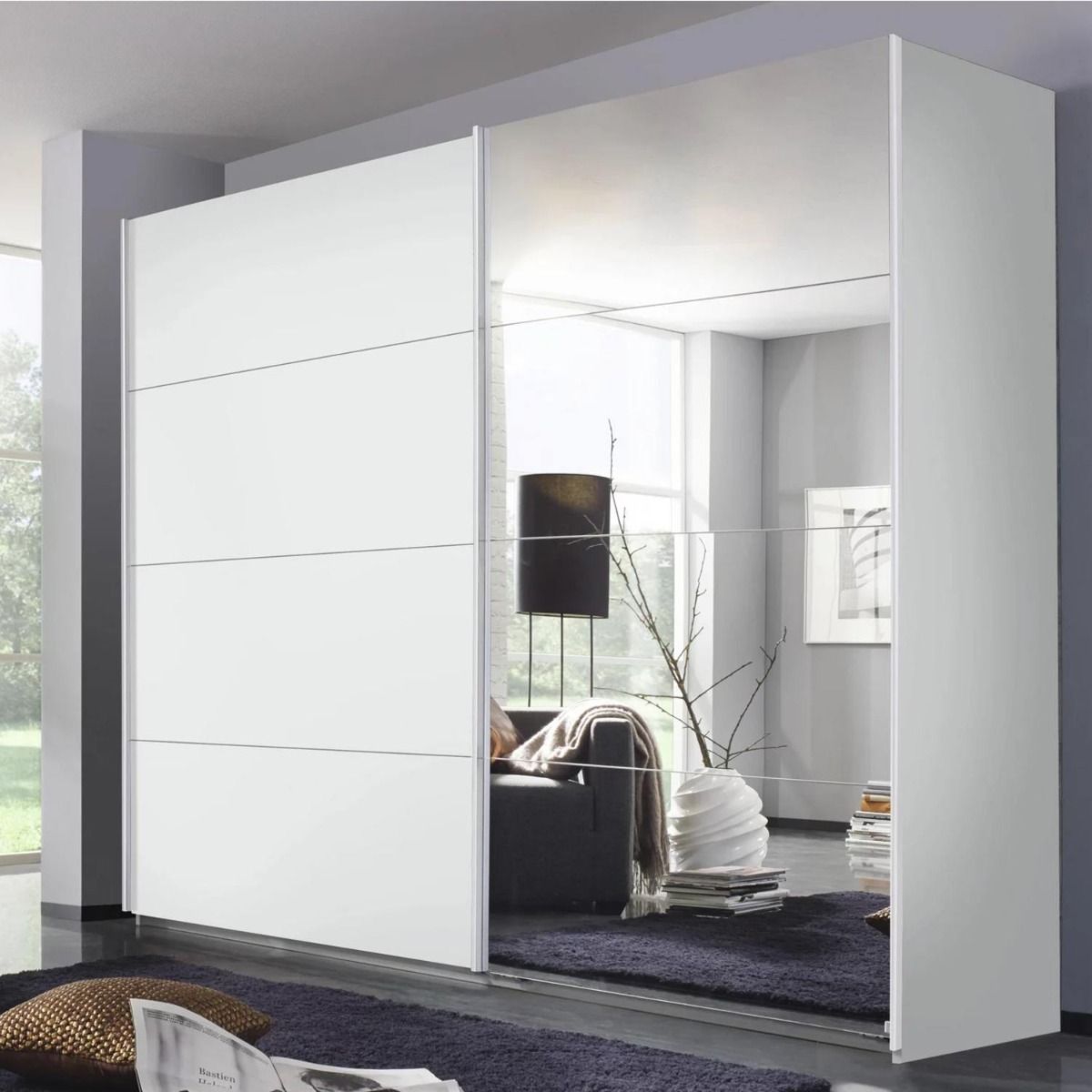Oakwood Rauch Luma 271cm 2 Door Sliding Wardrobe with 1 Decor Door and 1 Mirror Door