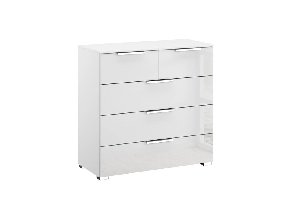 Oakwood Rauch Fontana Glass 5 Drawer Chest - Choice Of White, Silk Grey Or Graphite Colour