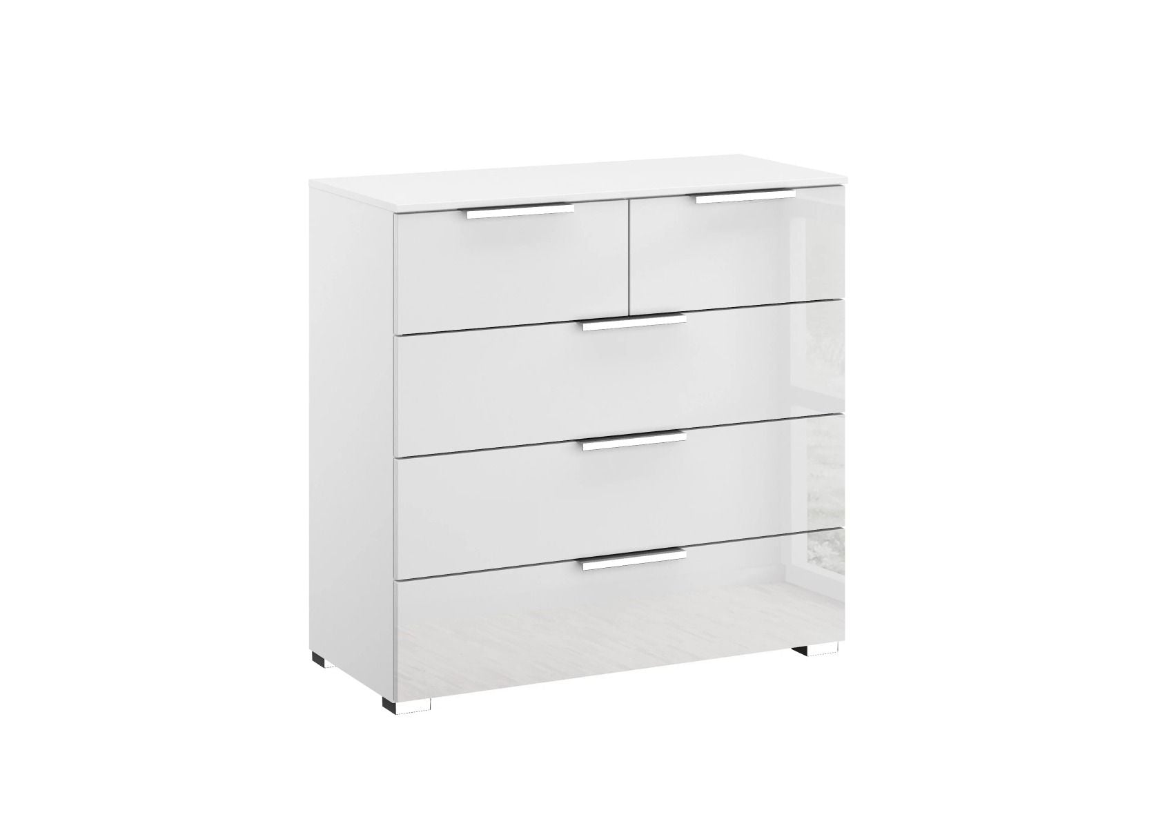 Oakwood Rauch Fontana Glass 5 Drawer Chest - Choice Of White, Silk Grey Or Graphite Colour
