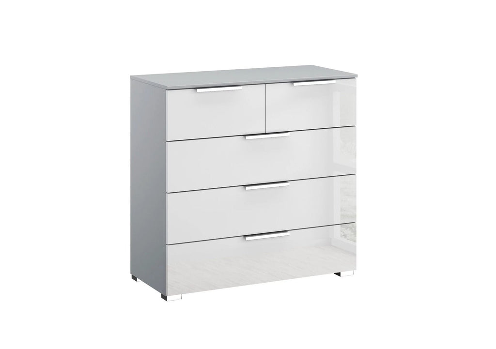 Oakwood Rauch Fontana Glass 5 Drawer Chest - Choice Of White, Silk Grey Or Graphite Colour