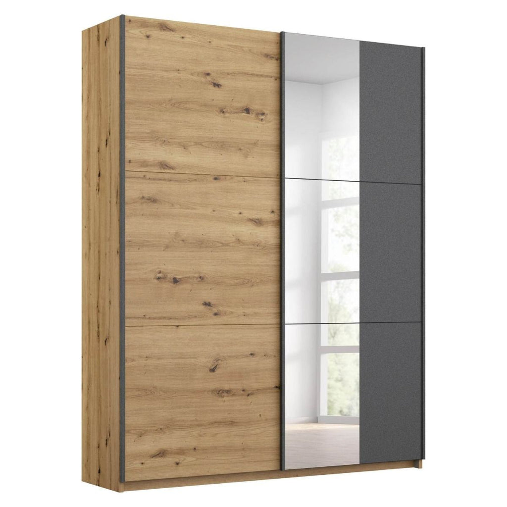 Oakwood Rauch Dresden 131CM Width Artisan Oak With Metallic Grey Sliding Door Wardrobe With Mirror