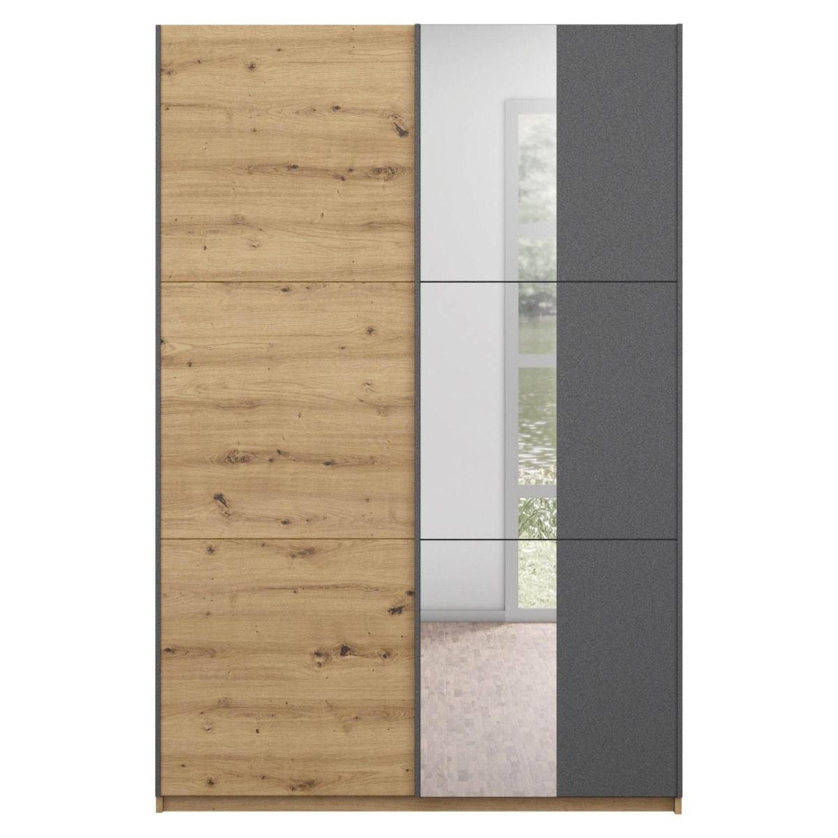 Oakwood Rauch Dresden 131CM Width Artisan Oak With Metallic Grey Sliding Door Wardrobe With Mirror