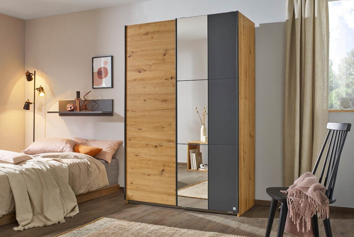 Oakwood Rauch Dresden 131CM Width Artisan Oak With Metallic Grey Sliding Door Wardrobe With Mirror