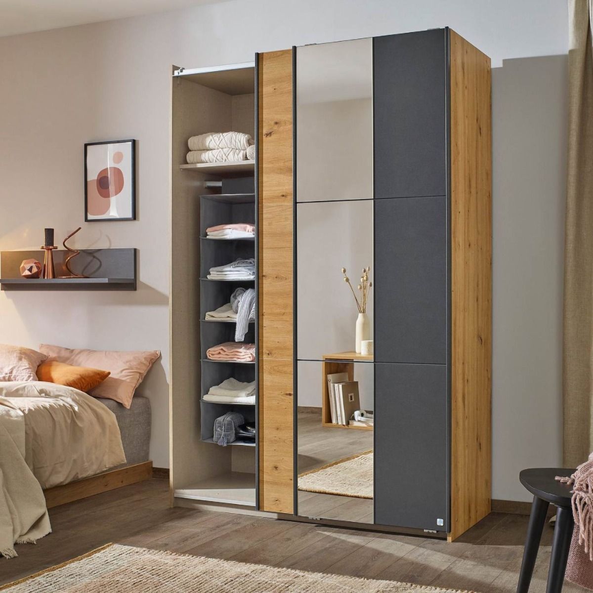 Oakwood Rauch Dresden 131CM Width Artisan Oak With Metallic Grey Sliding Door Wardrobe With Mirror
