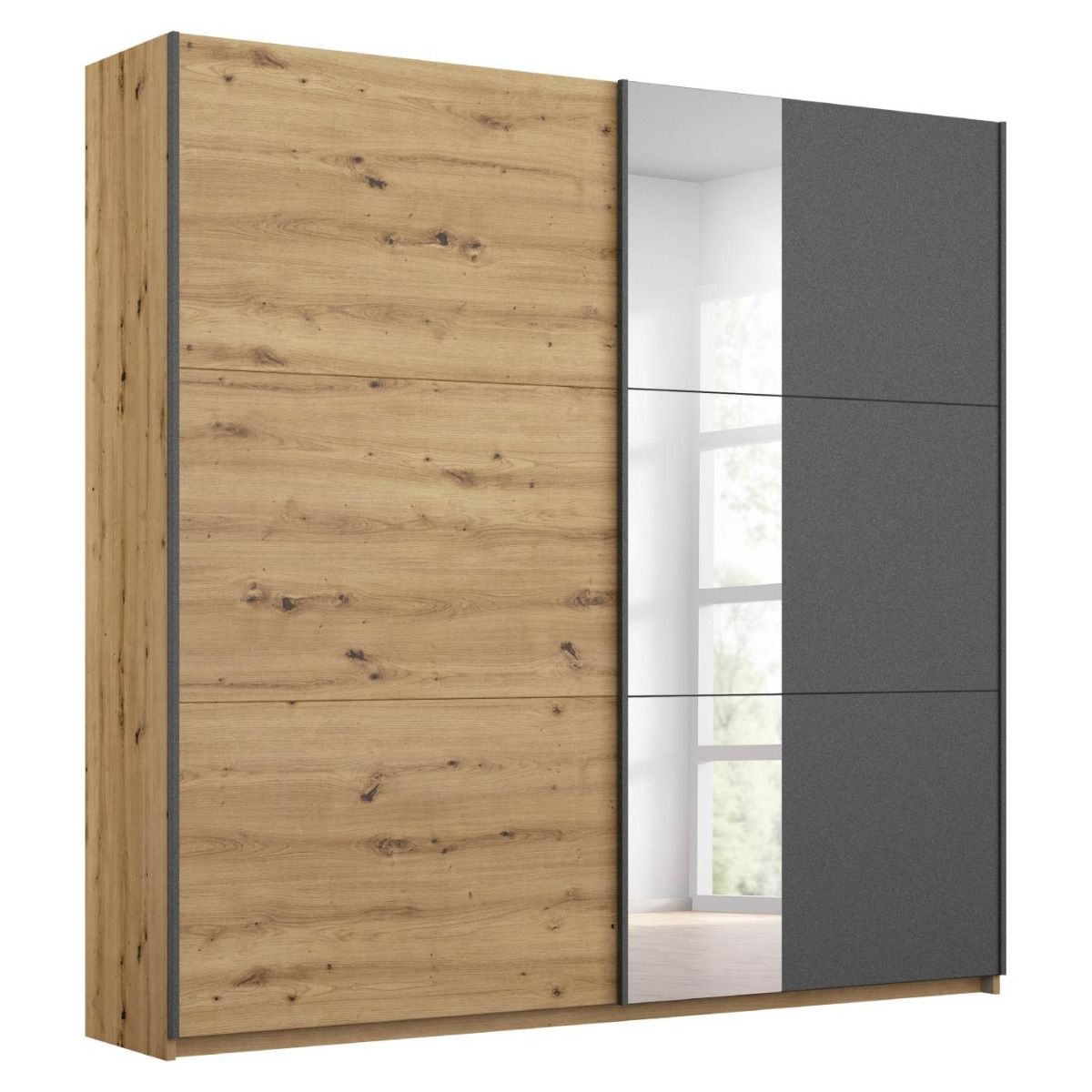 Oakwood Rauch Dresden 131CM Width Artisan Oak With Metallic Grey Sliding Door Wardrobe With Mirror