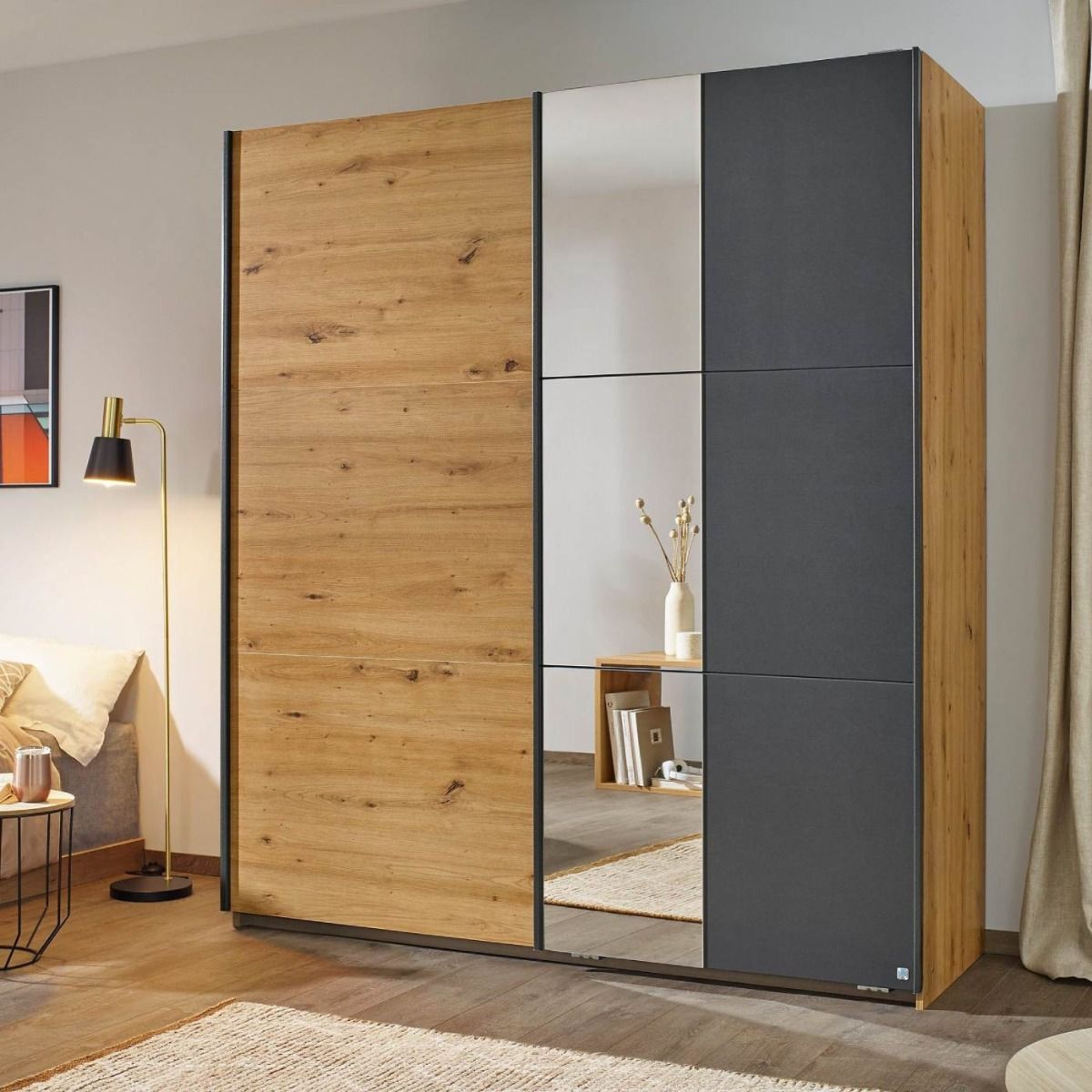 Oakwood Rauch Dresden 131CM Width Artisan Oak With Metallic Grey Sliding Door Wardrobe With Mirror