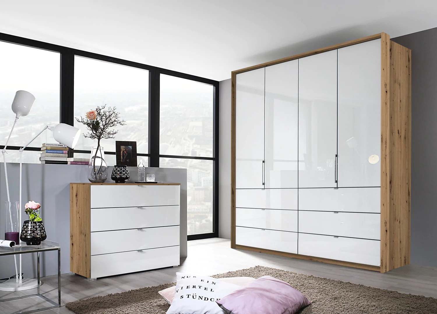 Oakwood Rauch Erimo Style3 Artisan Oak & Silk Grey Glass Bi-folding doors Combi Wardrobe
