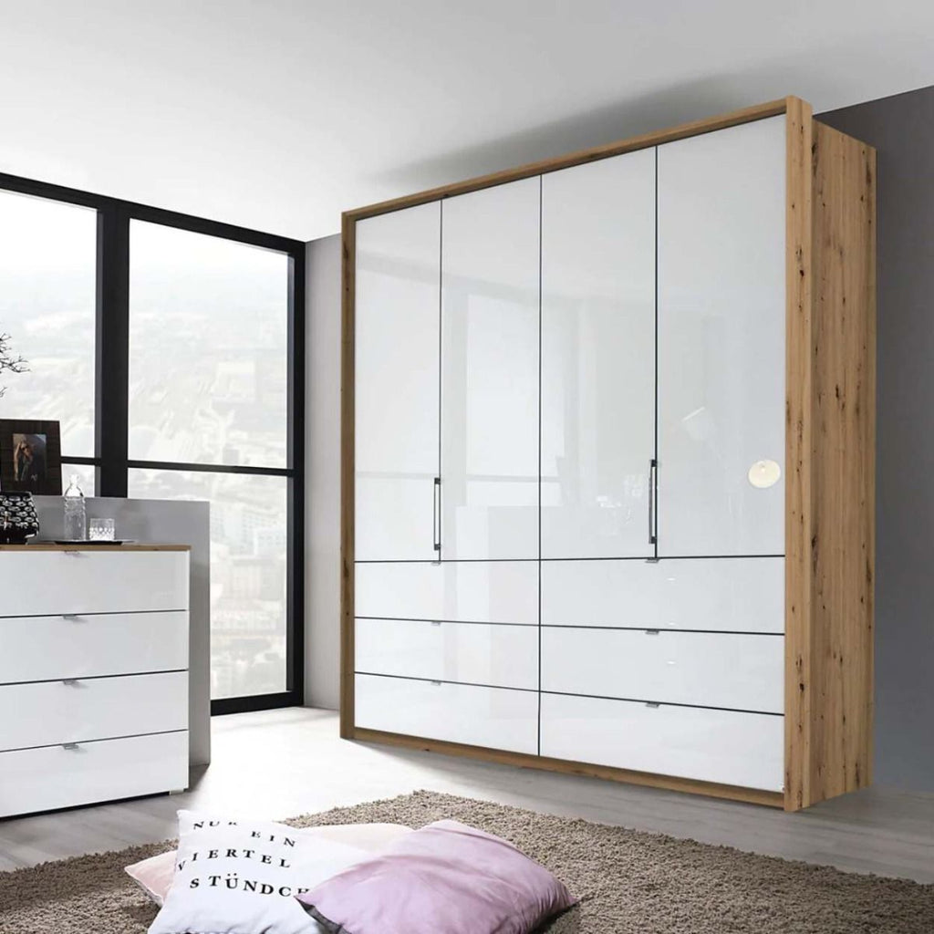Oakwood Rauch Erimo Style3 White Glass Bi-folding doors Combi Wardrobe