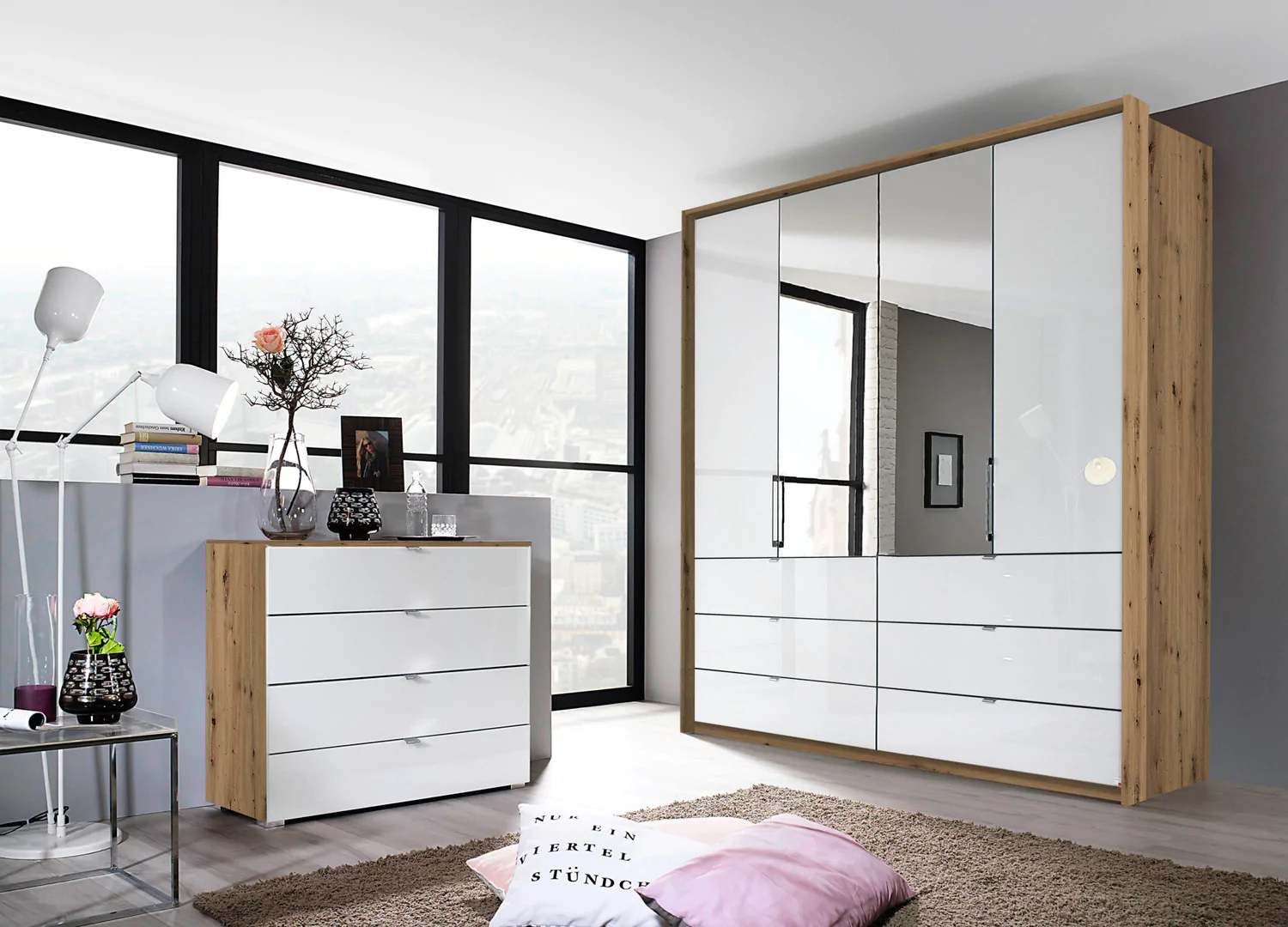 Oakwood Rauch Erimo Style3 Artisan Oak & Silk Grey Glass Bi-folding doors Combi Wardrobe