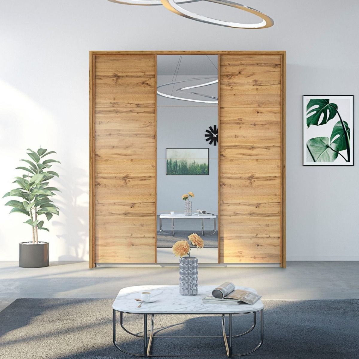 Oakwood Rauch Kulmbach Artisan Oak 3 Sliding Door Wardrobe With Mirror