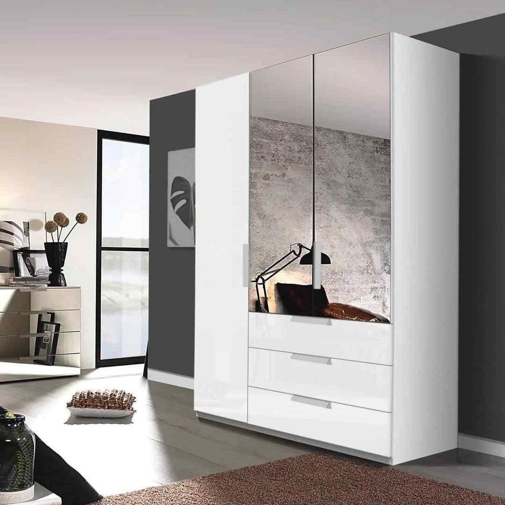 Oakwood Rauch Miramar Lynx White Glass & Mirror Front 3 Hinged Door Combi Wardrobe