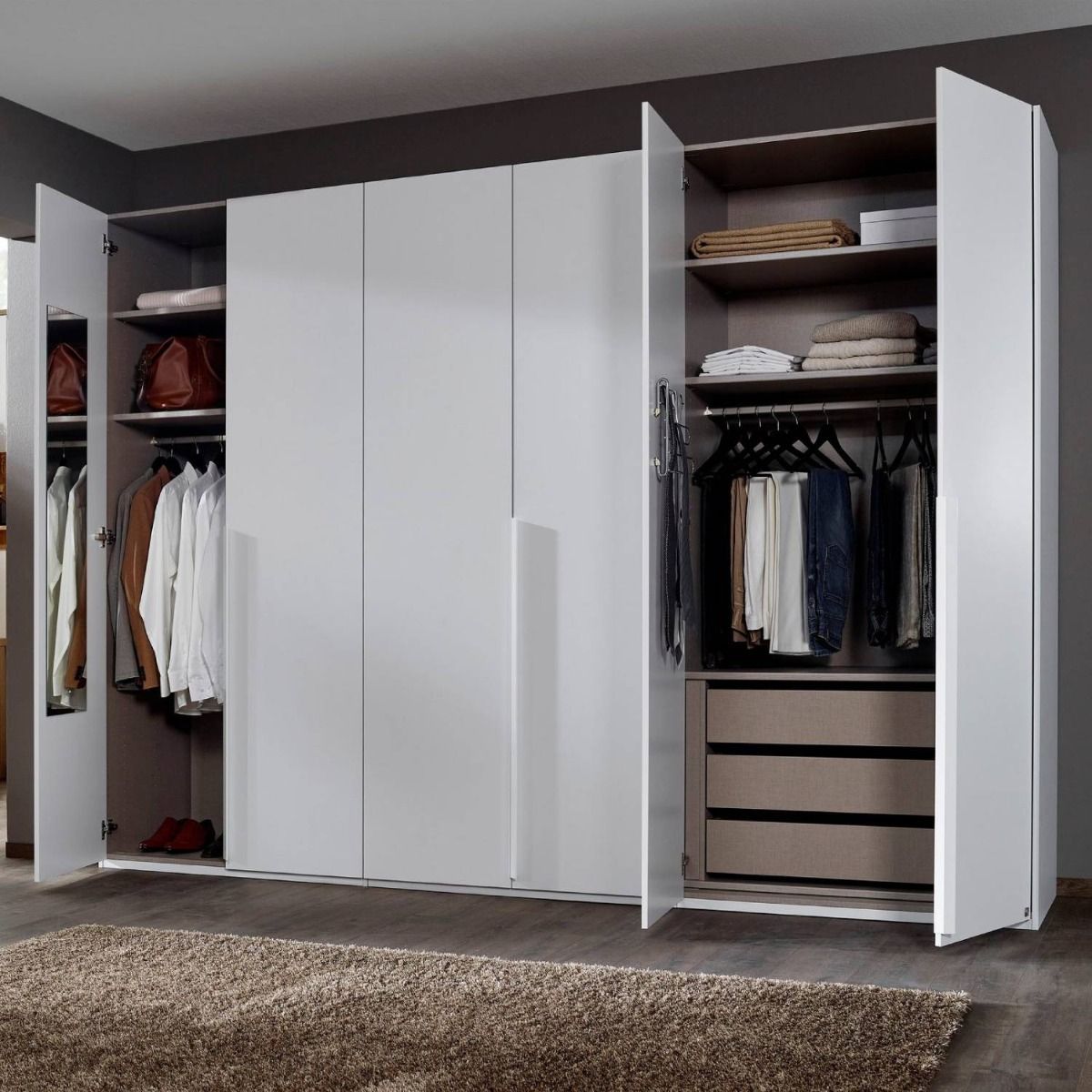 Oakwood Rauch Purisma White Glass 6 Door Hinged Wardrobe 301CM