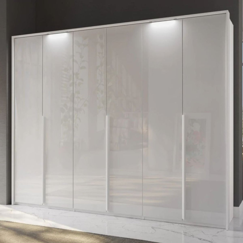Oakwood Rauch Purisma White Glass 6 Door Hinged Wardrobe 301CM