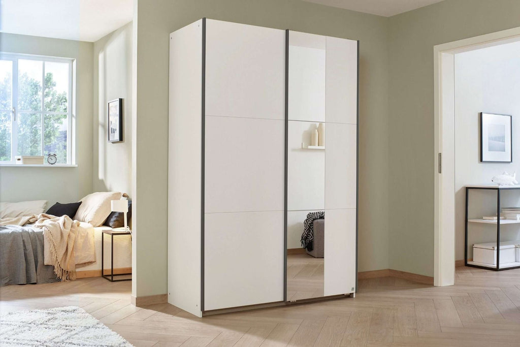 Oakwood Rauch Dresden 131CM Width White Sliding Door Wardrobe With Mirror