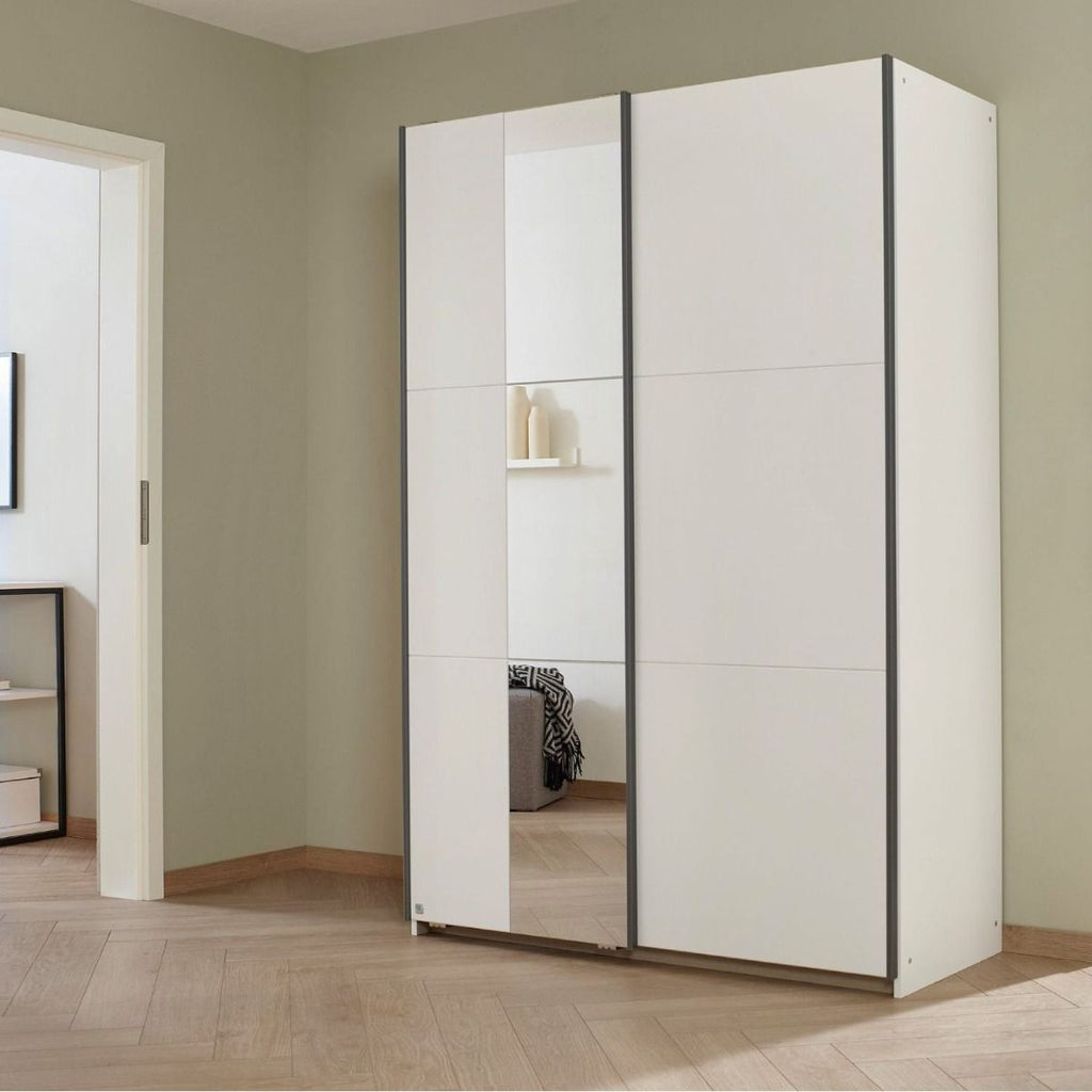 Oakwood Rauch Dresden 131CM Width White Sliding Door Wardrobe With Mirror