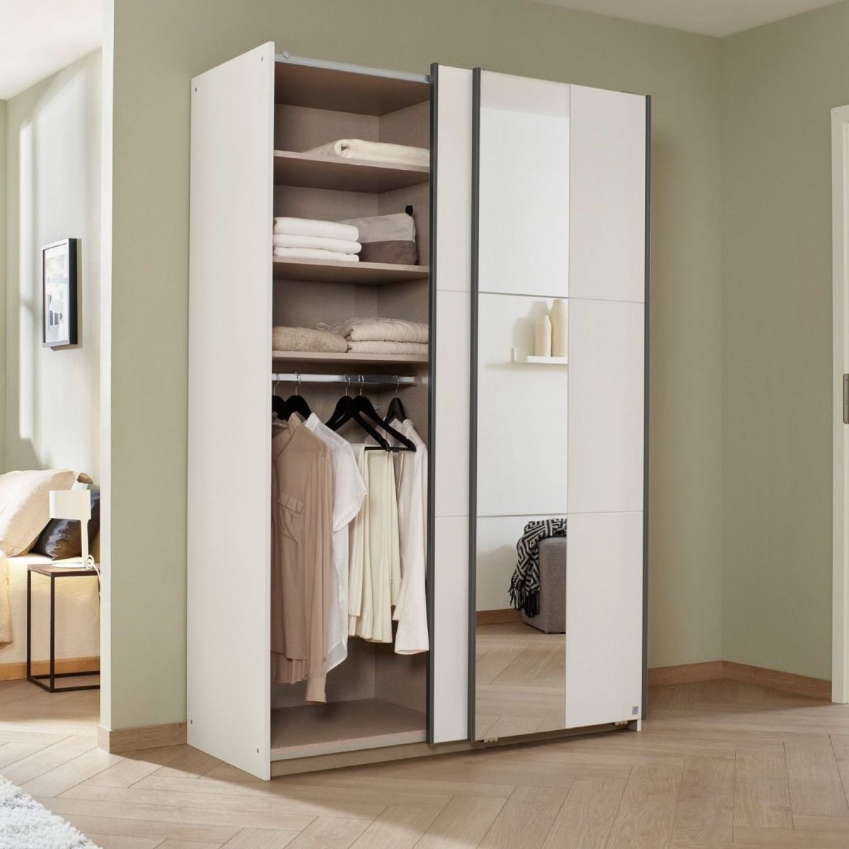 Oakwood Rauch Dresden 131CM Width White Sliding Door Wardrobe With Mirror