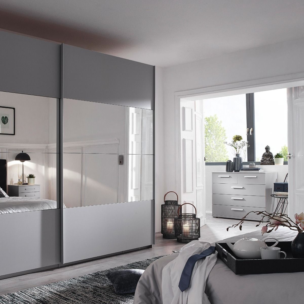 Oakwood Rauch Tarabo Silk Grey and Mirror Front Sliding Door Wardrobe