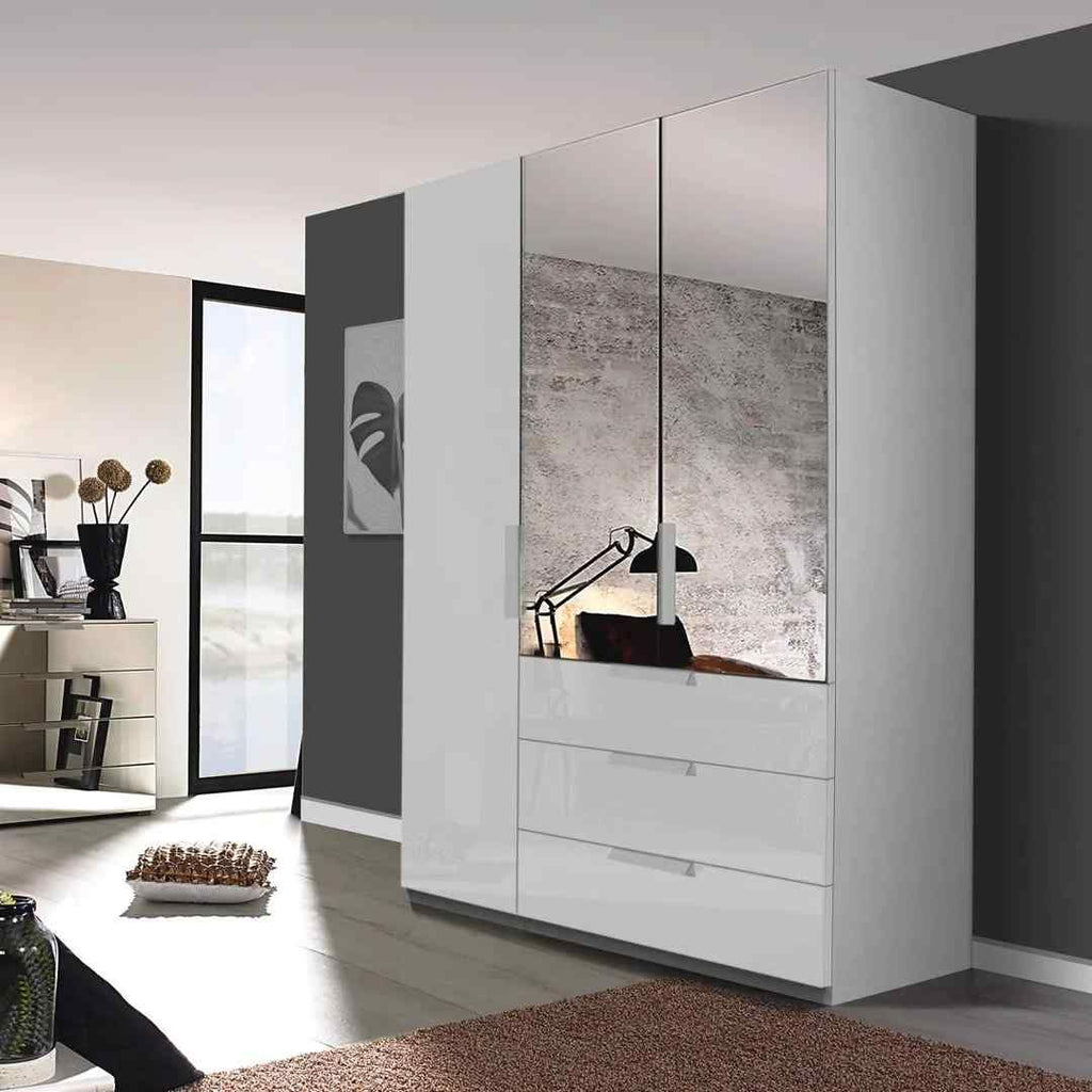 Oakwood Rauch Miramar Lynx Silk Grey Glass & Mirror Front 3 Hinged Door Combi Wardrobe