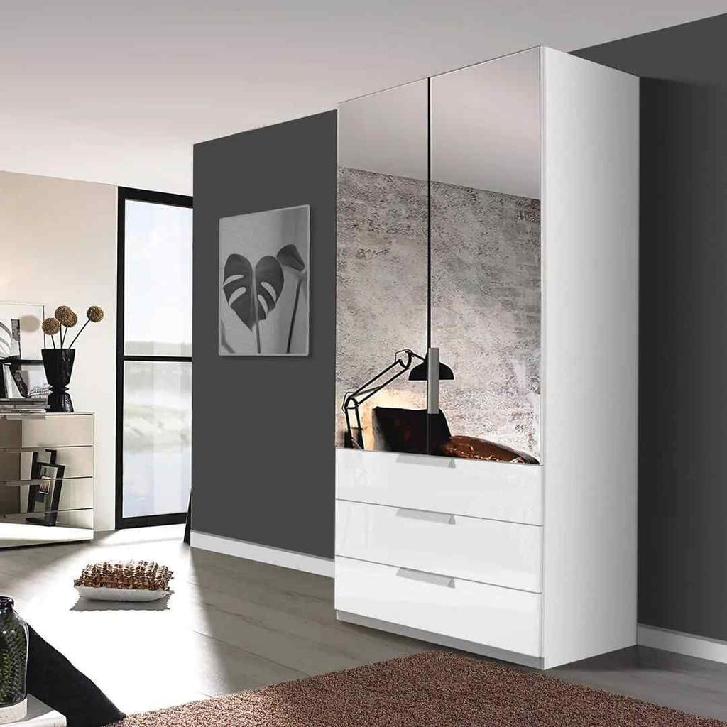 Oakwood Rauch Miramar Lynx Type 6 White Glass & Mirror Front 2 Door Hinged Combi Wardrobe