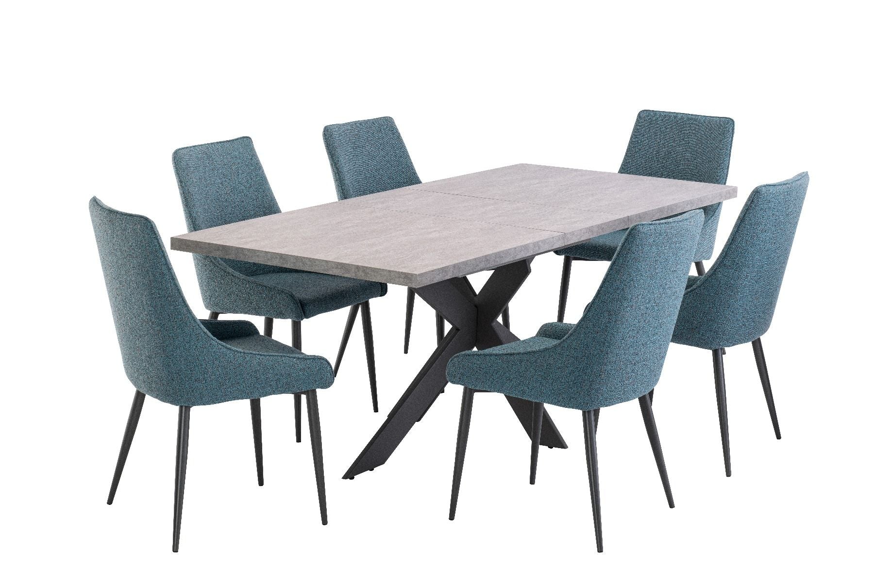 Oakwood Rimini 1.6 (+0.4)m Extending Dining Table - Light Grey with Rimini Dining Chairs - Teal/Grey Fabric