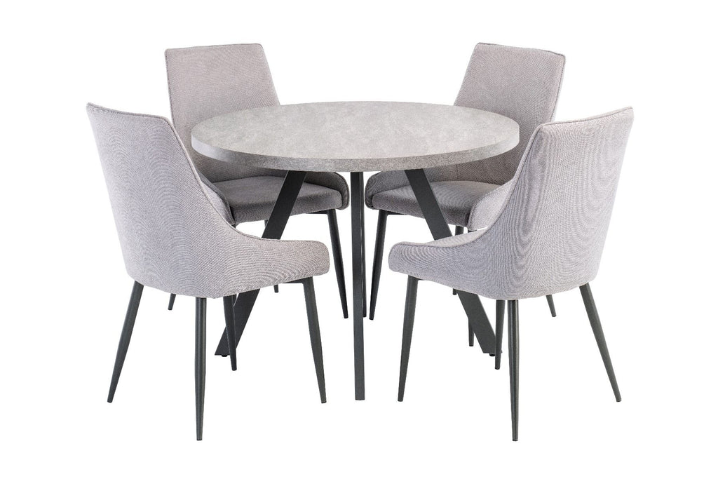 Oakwood Rimini 1.07m Round Dining Table - Light Grey with Rimini Dining Chairs - Grey Fabric