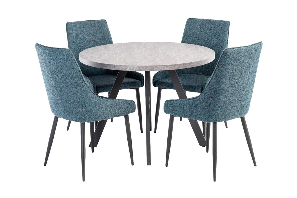 Oakwood Rimini 1.07m Round Dining Table - Light Grey with Rimini Dining Chairs - Teal/Grey Fabric