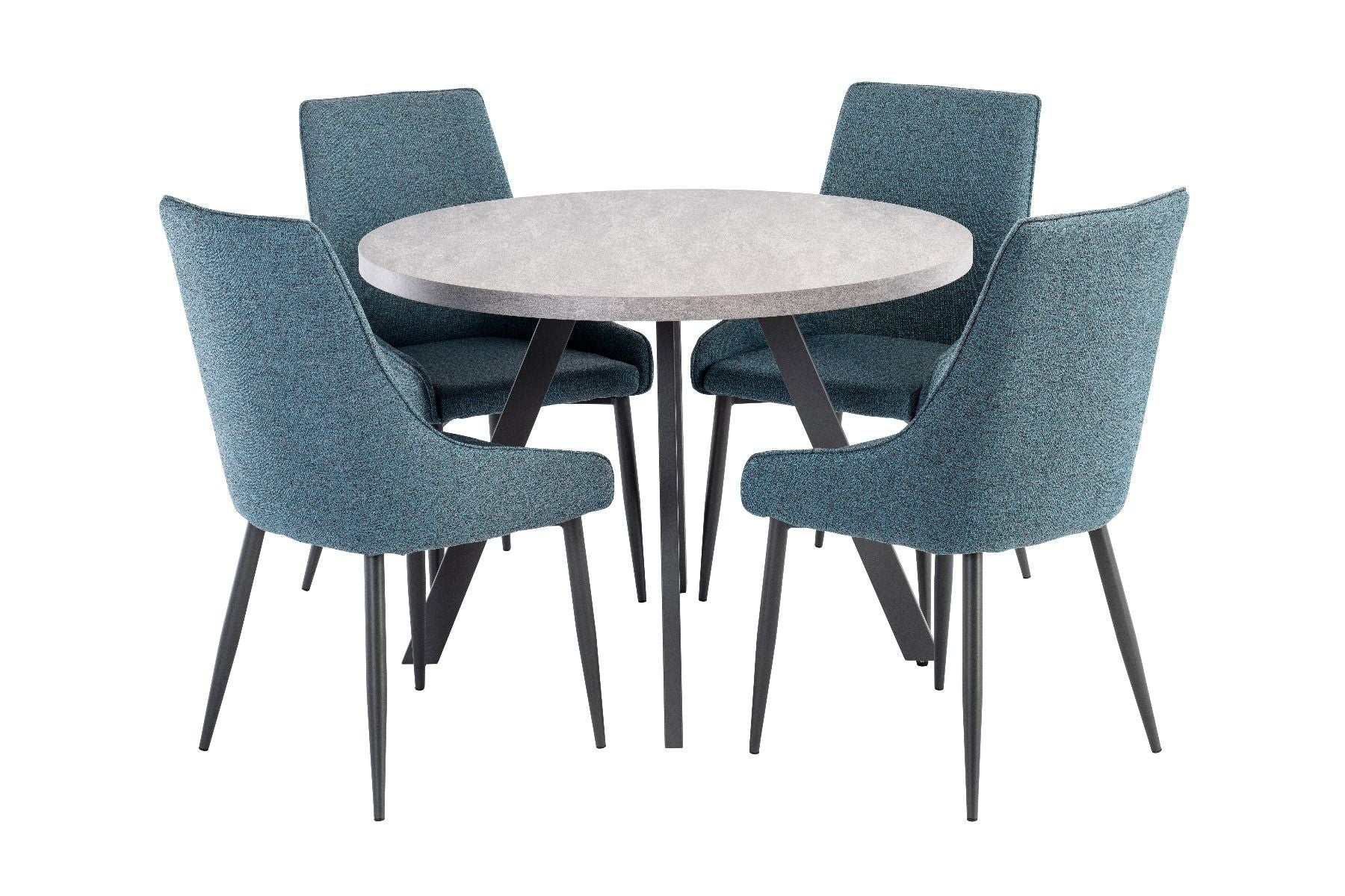Oakwood Rimini 1.07m Round Dining Table - Light Grey with Rimini Dining Chairs - Teal/Grey Fabric