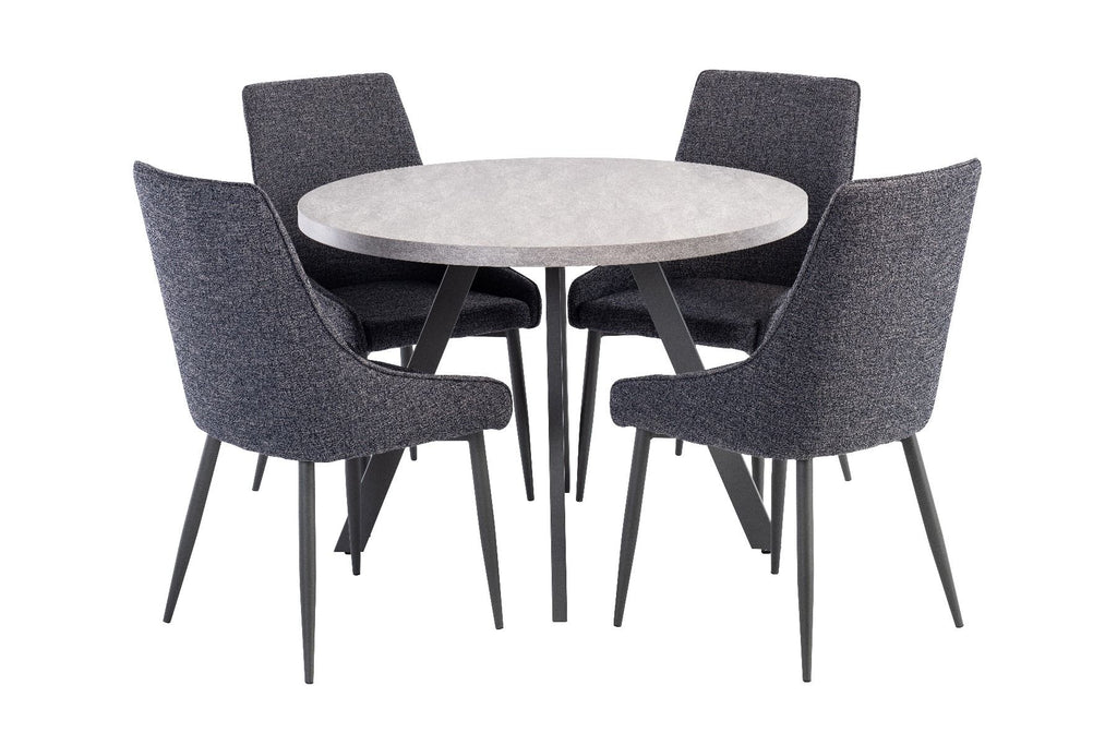 Oakwood Rimini 1.07m Round Dining Table - Light Grey with Rimini Dining Chairs - Blue/Grey Fabric