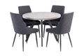 Oakwood Rimini 1.07m Round Dining Table - Light Grey with Rimini Dining Chairs - Blue/Grey Fabric