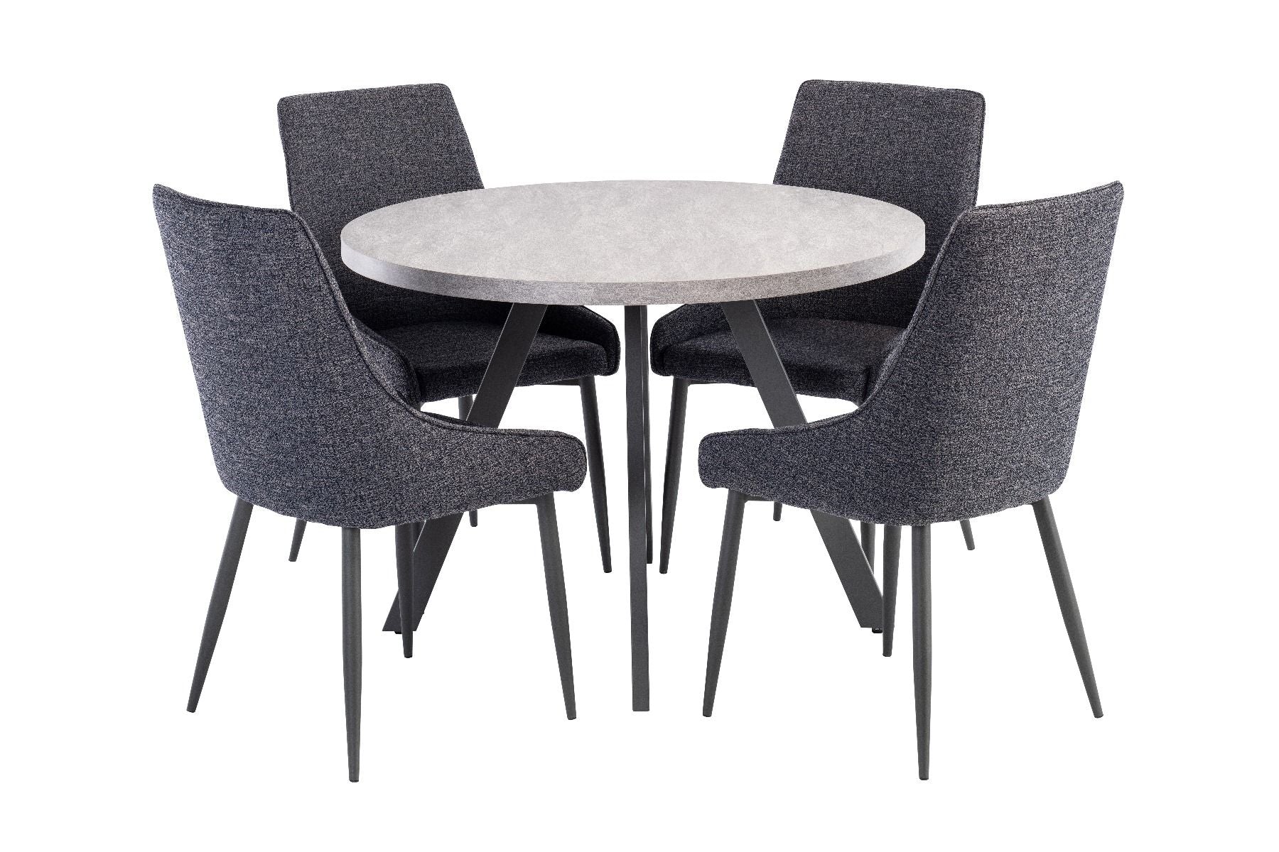 Oakwood Rimini 1.07m Round Dining Table - Light Grey with Rimini Dining Chairs - Blue/Grey Fabric