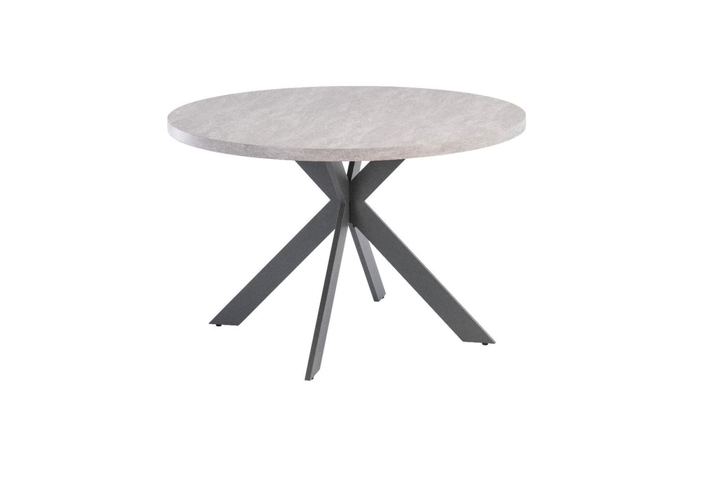 Oakwood Rimini 1.2m Round Dining Table - Light Grey with Rimini Dining Chairs - Blue/Grey Fabric