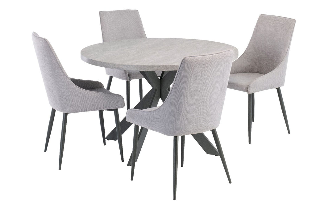 Oakwood Rimini 1.2m Round Dining Table - Light Grey with Rimini Dining Chairs - Grey Fabric