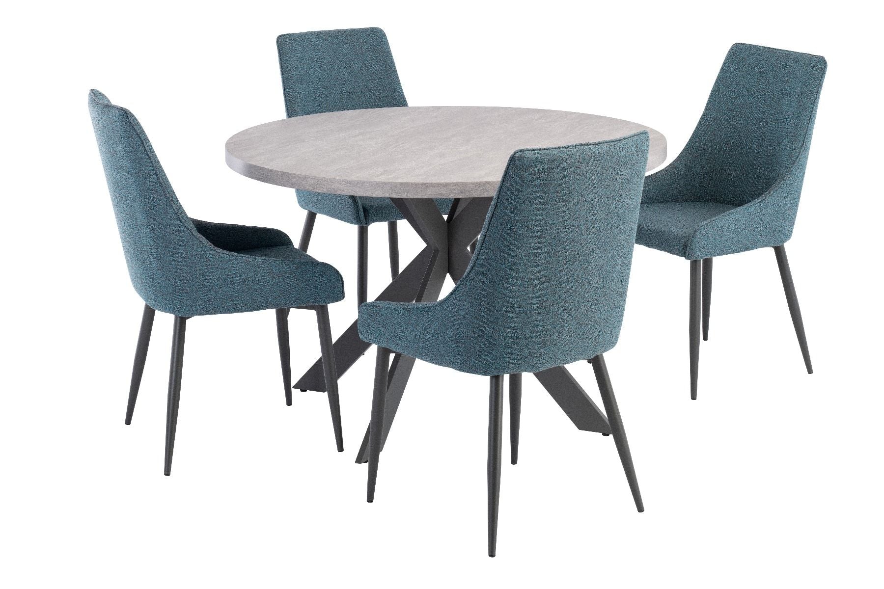 Oakwood Rimini 1.2m Round Dining Table - Light Grey with Rimini Dining Chairs - Teal/Grey Fabric