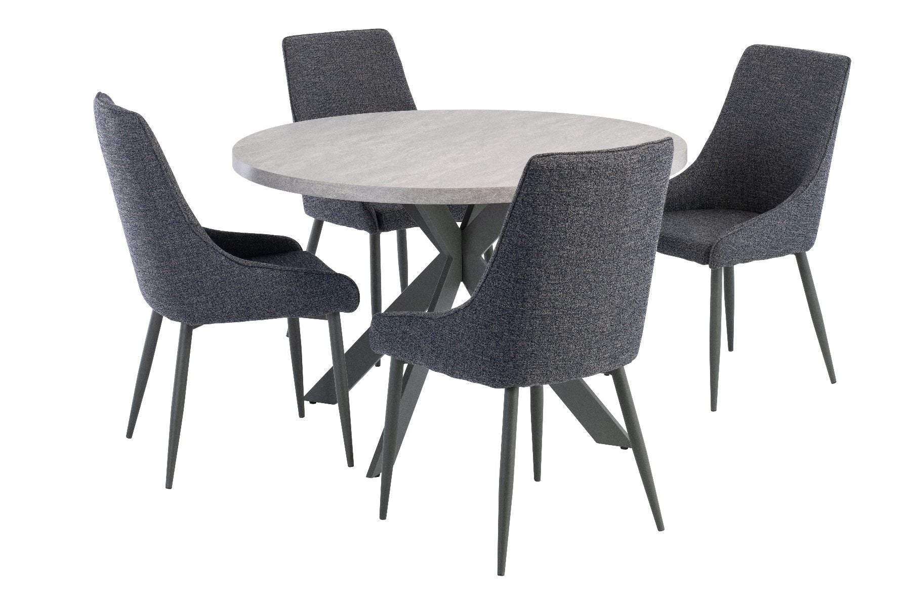 Oakwood Rimini 1.2m Round Dining Table - Light Grey with Rimini Dining Chairs - Blue/Grey Fabric