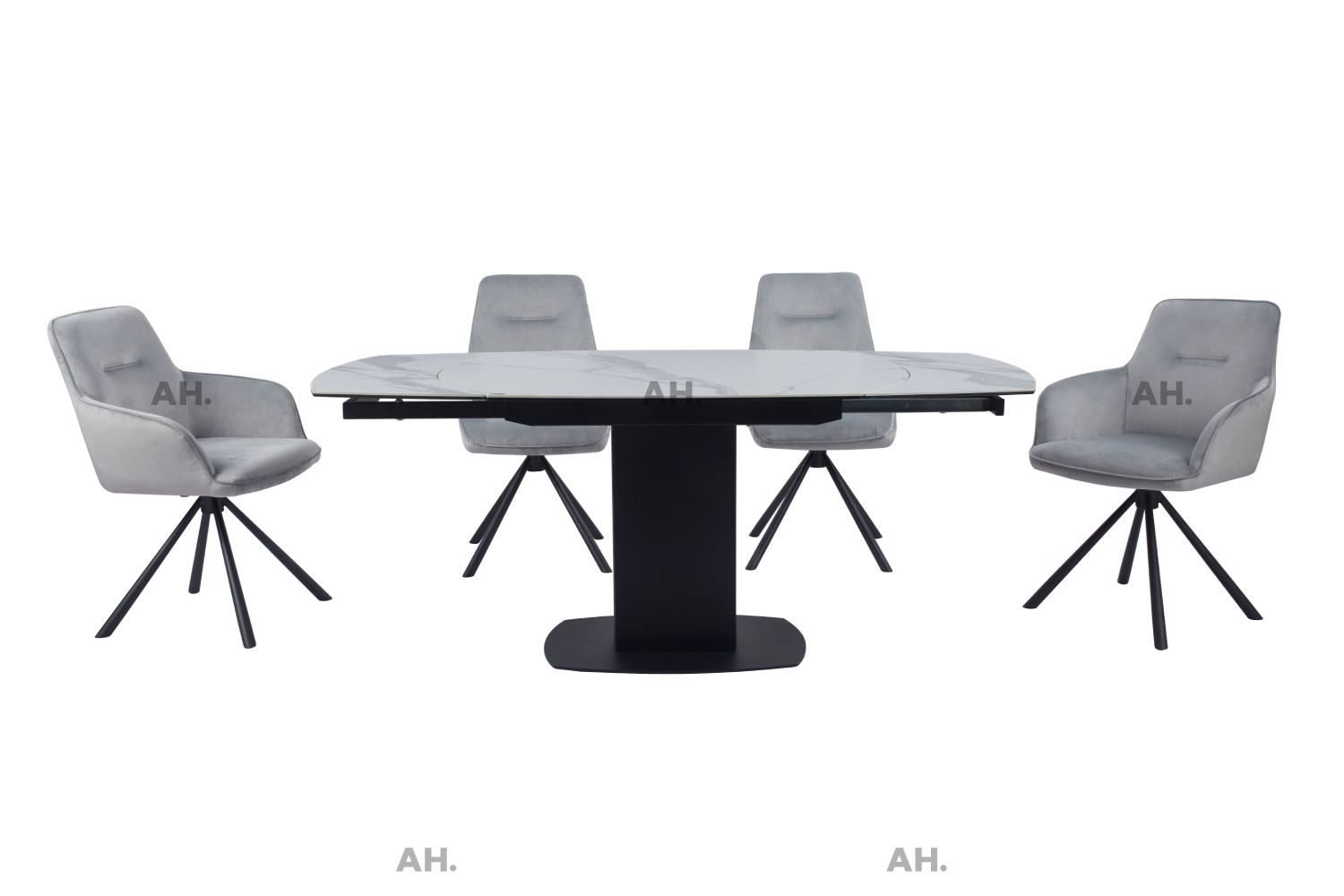 Oakwood Motion White Ceramic Swivel Extending Dining Table With Nicole Dining Chairs