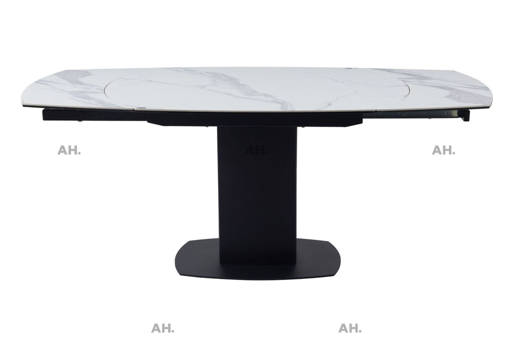 Oakwood Motion White Ceramic Swivel Extending Dining Table With Nicole Dining Chairs