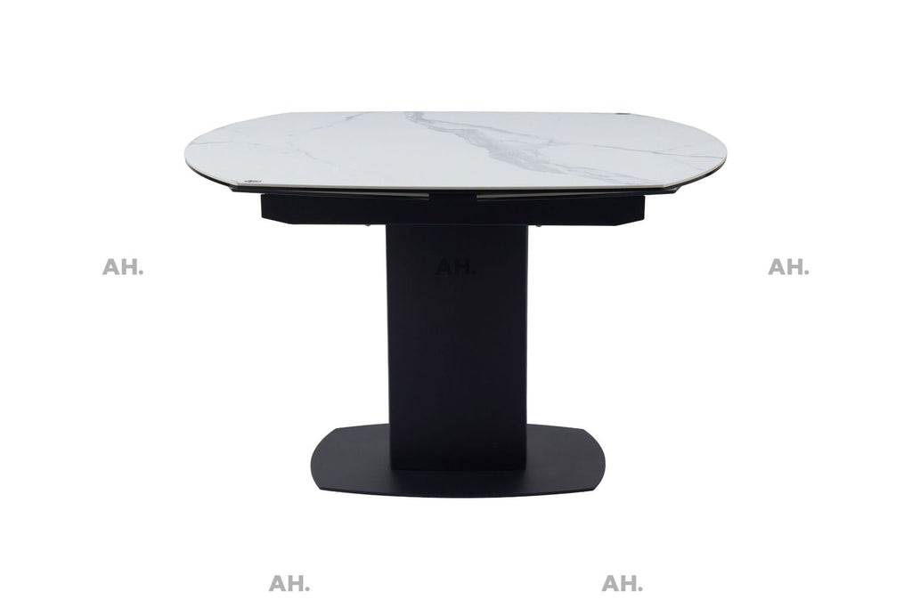 Oakwood Motion White Ceramic Swivel Extending Dining Table With Nicole Dining Chairs