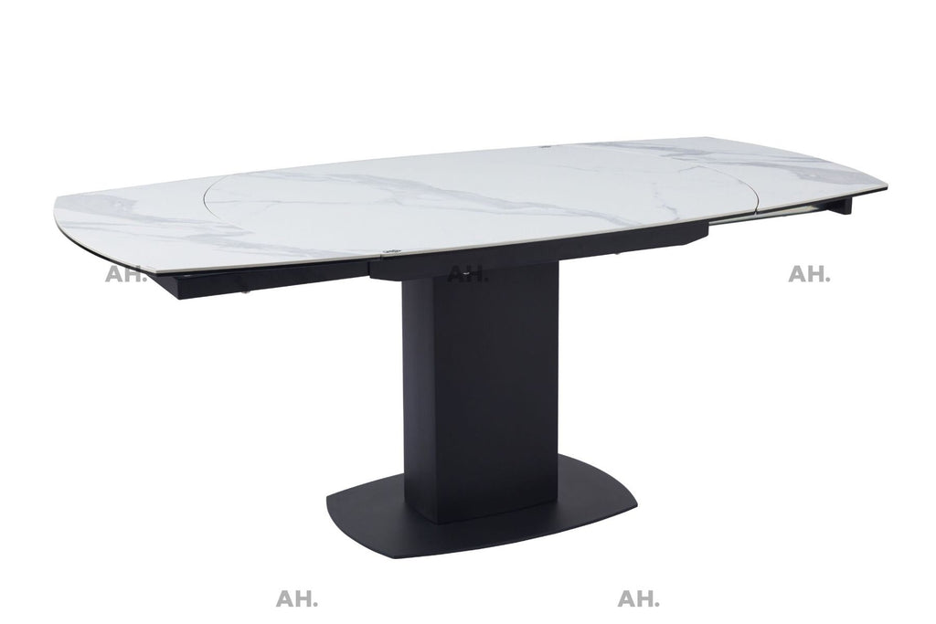 Oakwood Motion White Ceramic Swivel Extending Dining Table With Nicole Dining Chairs