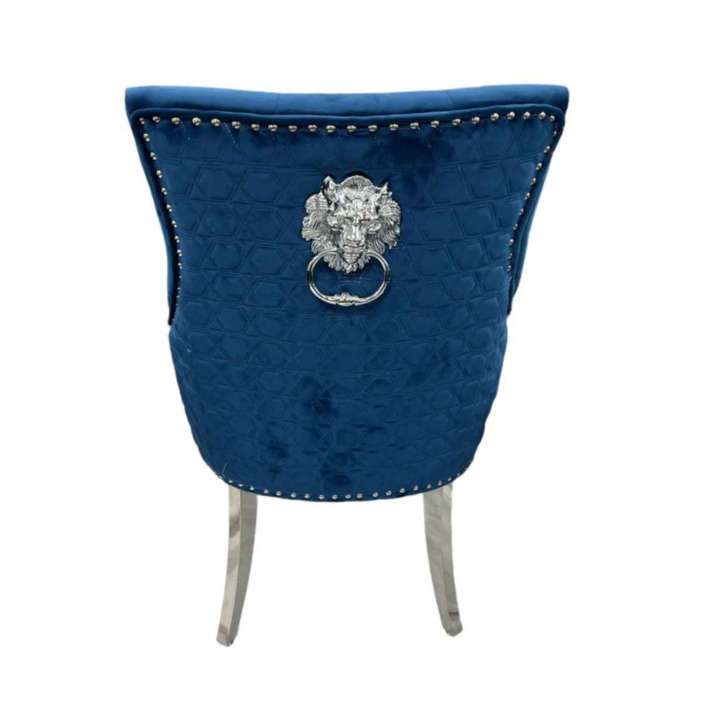 Oakwood Chelsea Blue Velvet Lion Knockerback Fabric Dining Chairs