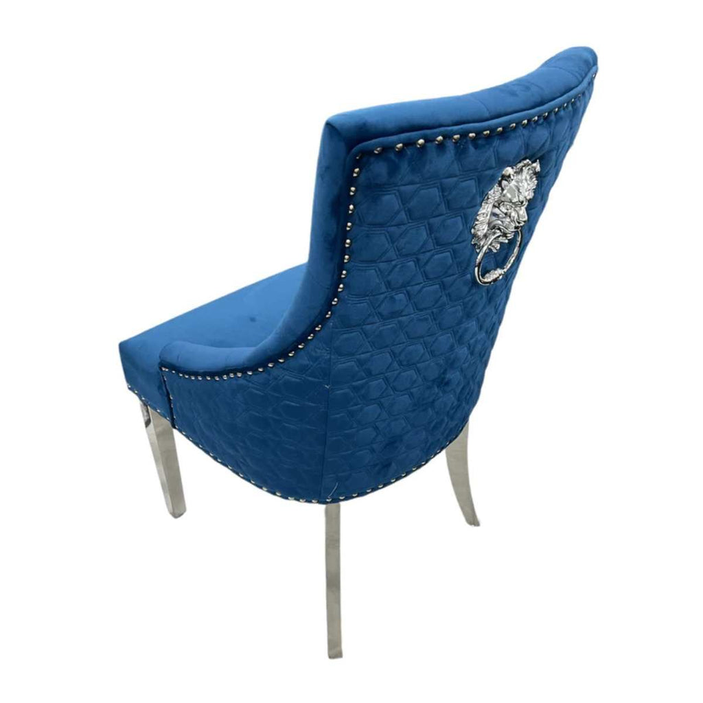 Oakwood Chelsea Blue Velvet Lion Knockerback Fabric Dining Chairs