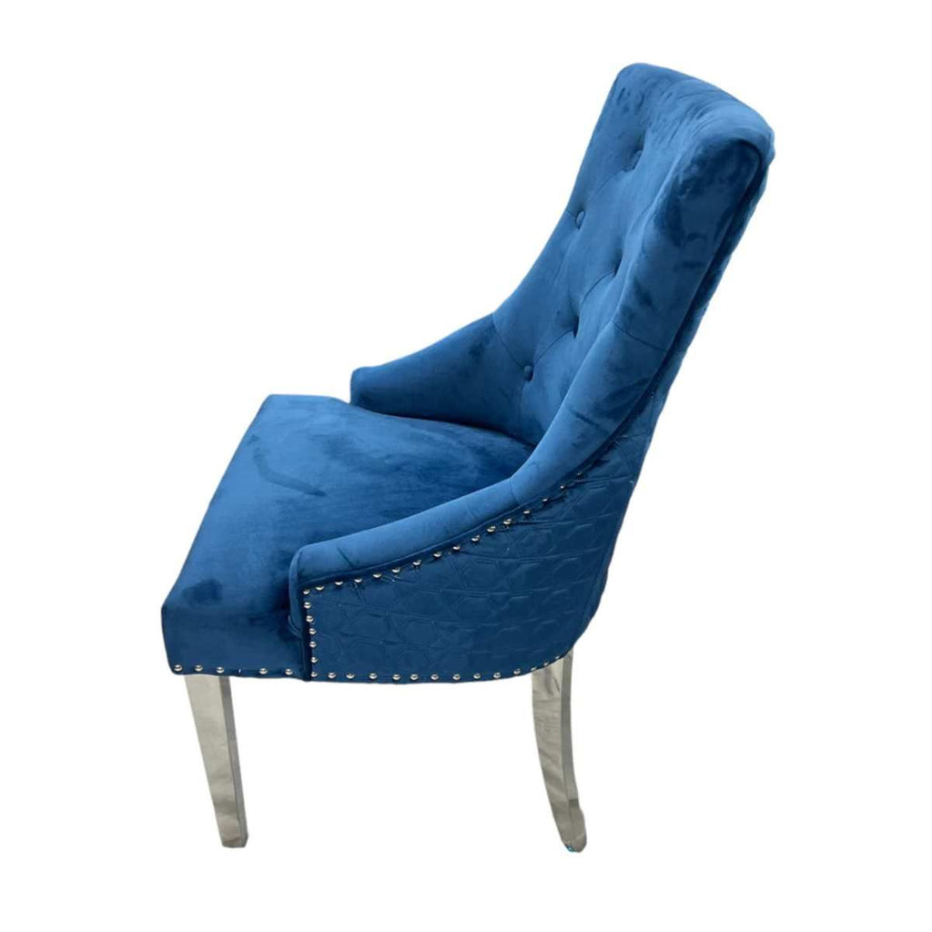 Oakwood Chelsea Blue Velvet Lion Knockerback Fabric Dining Chairs
