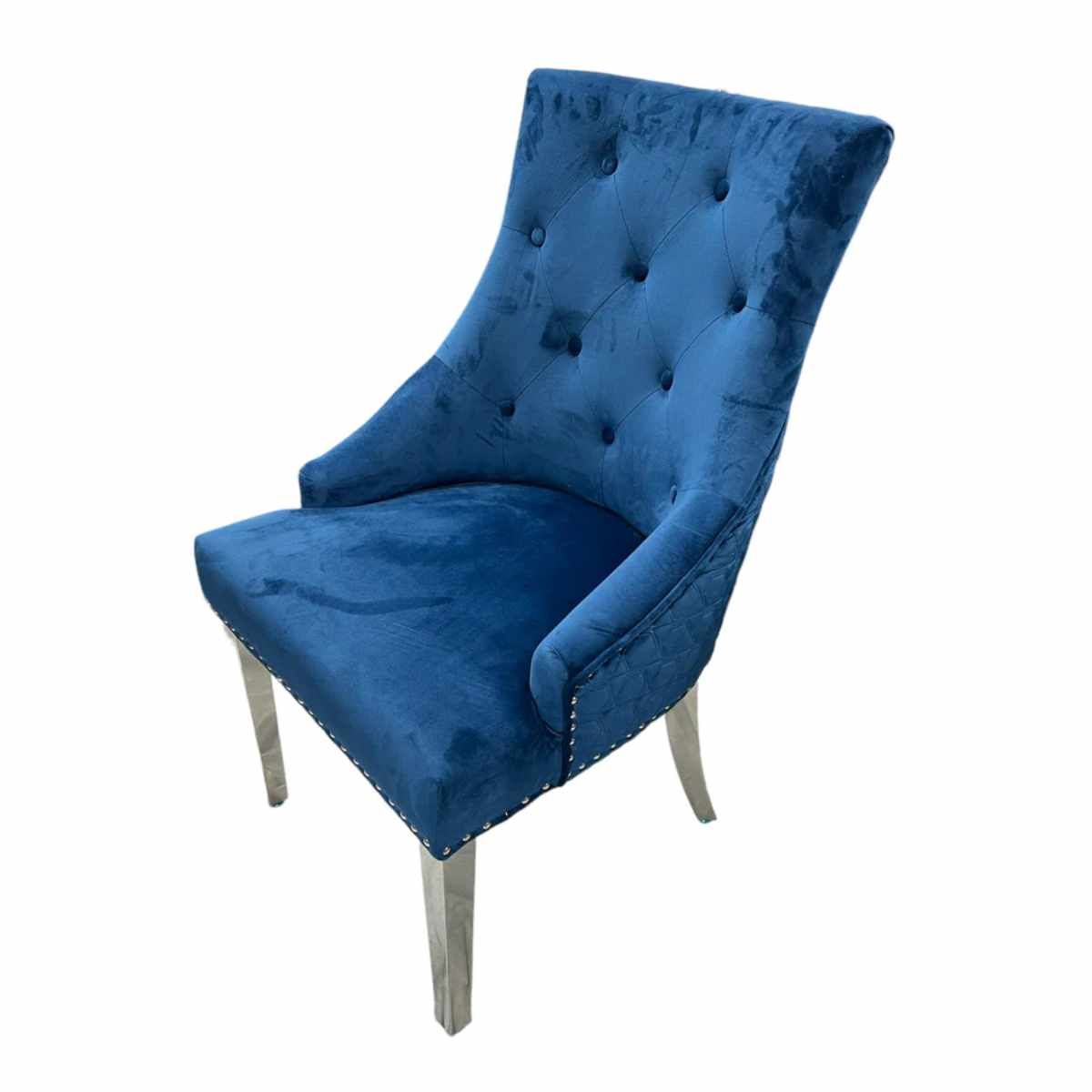 Oakwood Chelsea Blue Velvet Lion Knockerback Fabric Dining Chairs