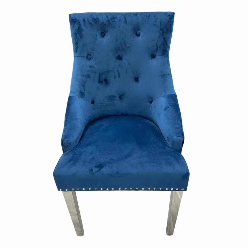 Oakwood Chelsea Blue Velvet Lion Knockerback Fabric Dining Chairs